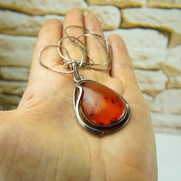 Big Amber and 925 Silver Pendant With 18" Fine Chain - Amber Gift For Her - Picture 10 of 15